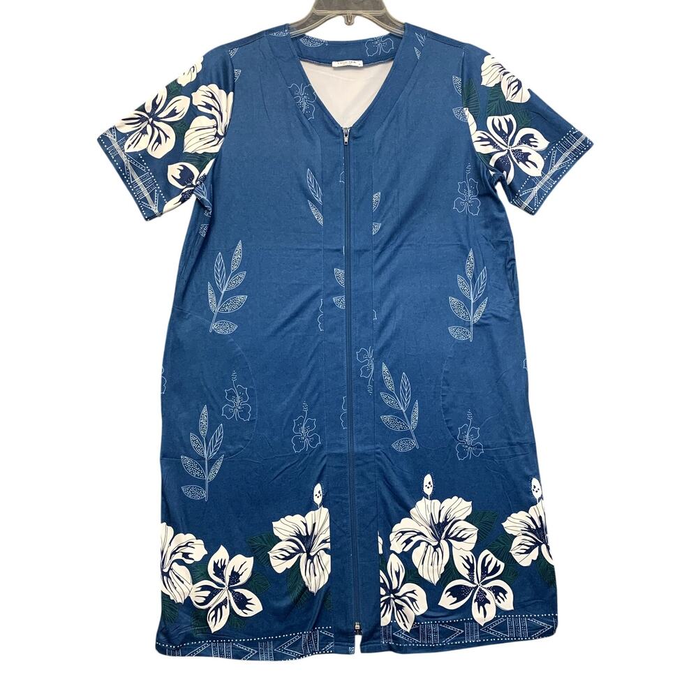 Lounge Dress Duster Zip Front Short Sleeve Tropical Blue Women's SZ M NWOT
